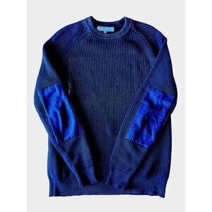 Neiman Marcus Mens Sweater Navy Distressed Elbow Patch Heavy Knit Preppy Size M
